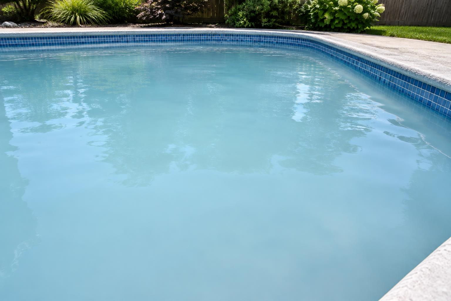 Cloudy blue pool water obscuring the bottom of a backyard swimming pool