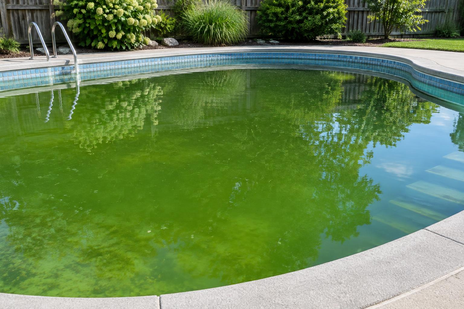 Green pool water with visible algae beside a blue-tiled pool edge