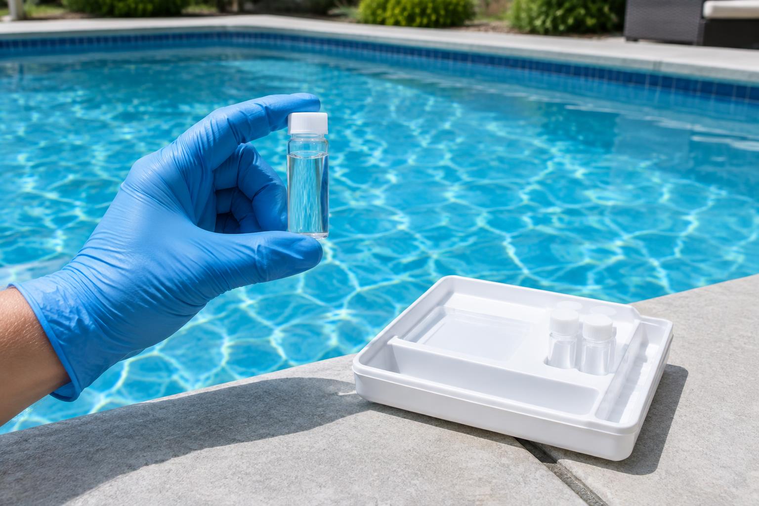 A gloved hand holding a pool water sample beside a water-testing kit